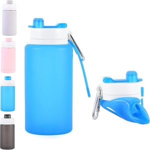 Collapsible Water Bottles 19oz with Spout & Carabiner, Odorless BPA-Free Silicone, Leak-Proof Foldable Reusable Bottle – Perfect for Travel Sports Gym Hiking Camping Cycling – Clear Blue